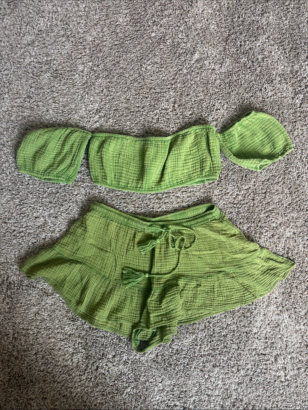Anthropologie Green Gauze Ruffle Shorts Set